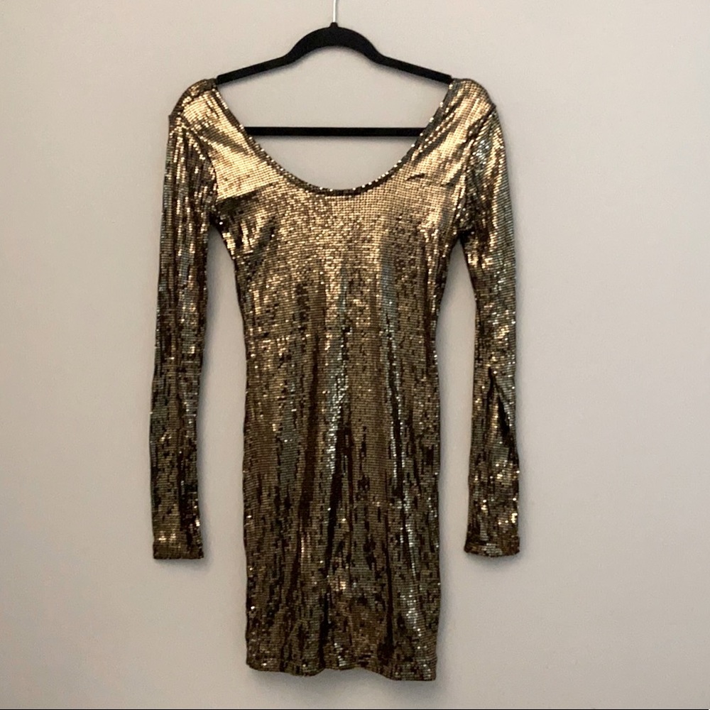 NEW Bronze Sequin BodyCon Long Sleeve Mini Dress S